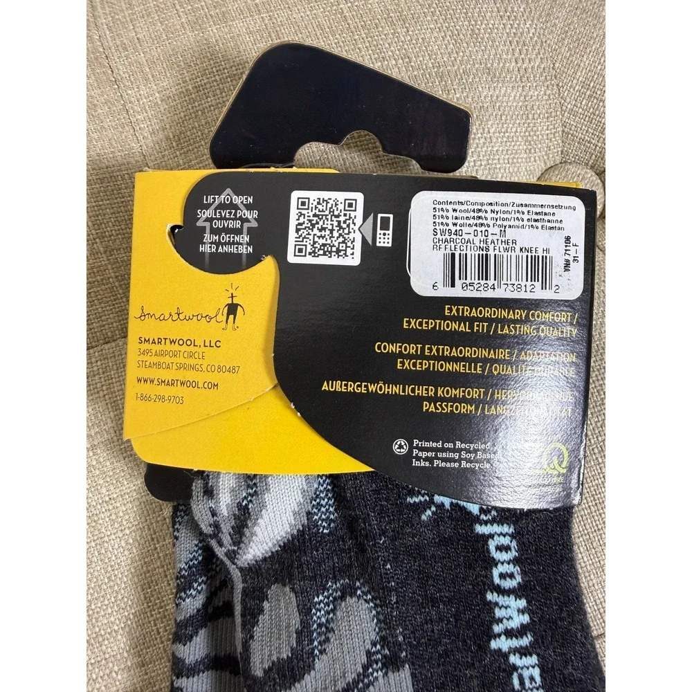 NWT Smartwool Lifestyle Merino Knee High Socks Womens M Charcoal Floral Pattern